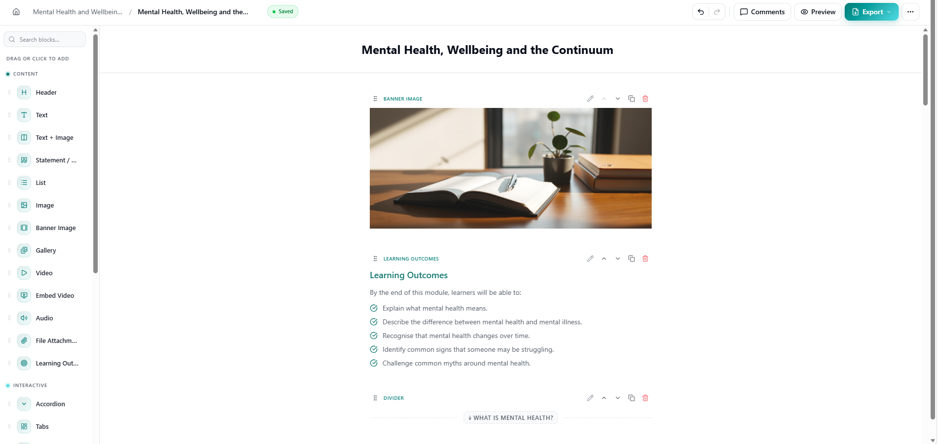 The Lumeo builder in Scroll mode — a long-form module with banner and content blocks